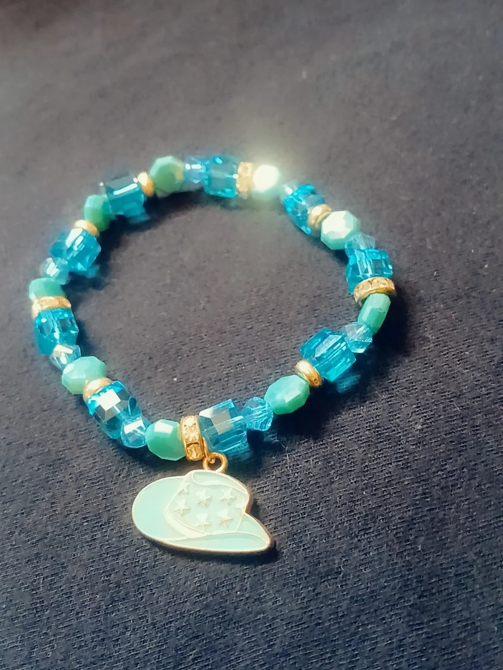 Gold Accent Turquoise Beaded Bracelet with Cowgirl Hat Charm